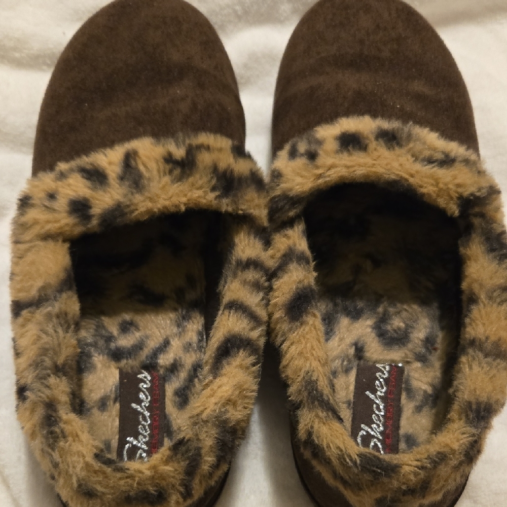 Skechers Brown Slippers with Animal Print Trim